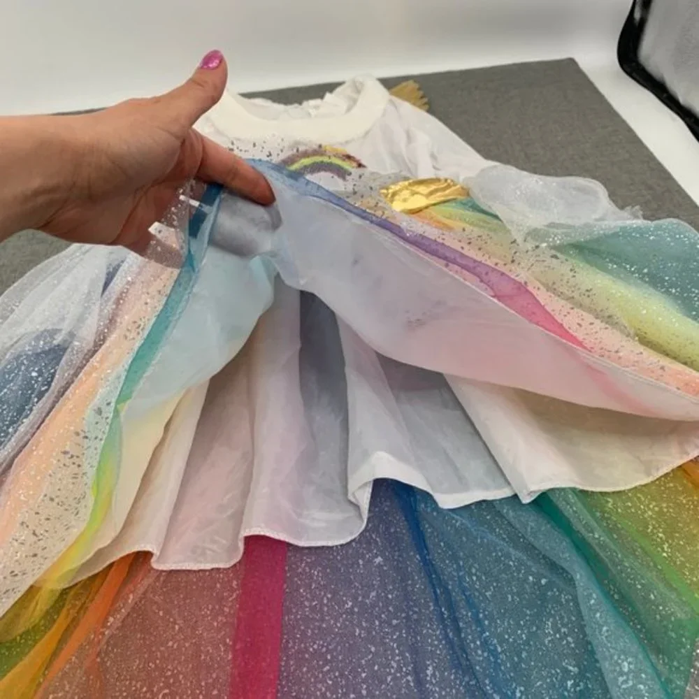 Girls Rainbow Unicorn‎ Costume Dress Beautiful Sparkle Sequin Angel Wings Large